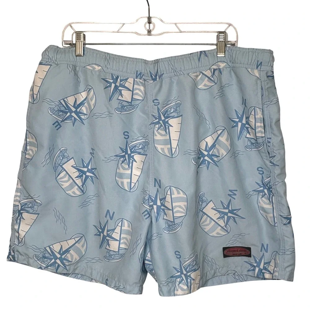 Vtg Vineyard Vines Chappy Swim Trunks L Nautical Compass Sailboat Lt Blue Preppy